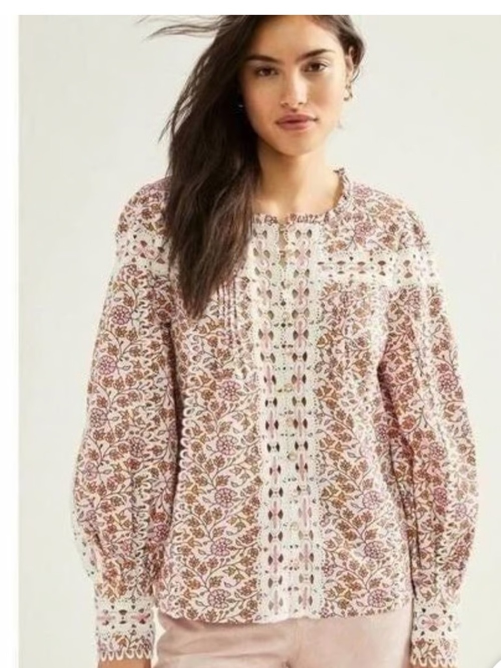 Rahi Blouse Womens Small Pearl ButtonsBoho Floral Lace-Trim Blouse